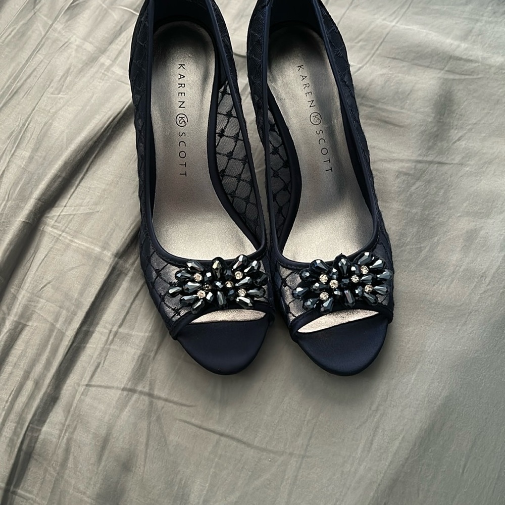 Never worn Karen Scott Blue Peep-Toe Heels with Crystal Embellishment size 6.5